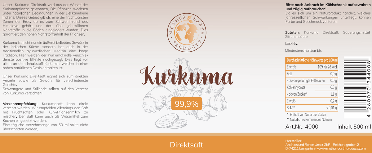 Kurkuma Direktsaft 99,9 % 500 ml
