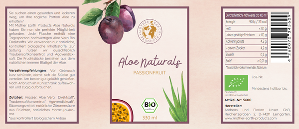 Aloe Naturals Passionfruit - 330 ml - Bio Aloe Drink 12er oder 36er Karton